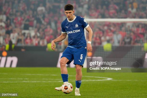 Leonardo Balerdi of Olympique de Marseille in action during the UEFA Europa League Quarter-finals 1st leg football match between SL Benfica and...