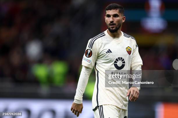 Houssem Aouar of As Roma looks on during the Uefa Europa League quarter-final first leg match beetween Ac Milan and As Roma. As Roma wins 1-0 over Ac...