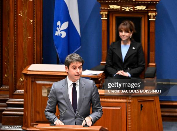 French Prime Minister Gabriel Attal speaks to members of the legislature at the National Assembly in Quebec City April 11, 2024. Quebec Legislature...