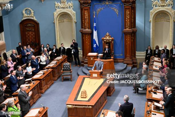 French Prime Minister Gabriel Attal speaks to members of the legislature at the National Assembly in Quebec City April 11, 2024.