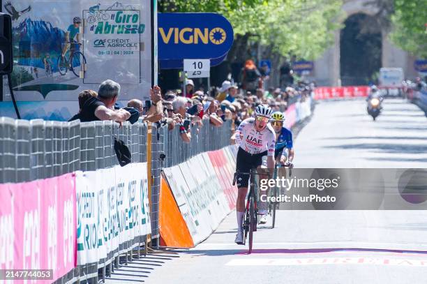 Pavel Sivakov of Russia and UAE Team Emirates reacts and crosses the finish line during the 2024 Giro d'Abruzzo in L'Aquila, Italy, on April 12th,...