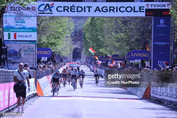General view of the peloton crossing the finish line during the 2024 Giro d'Abruzzo Stage 4, a 173 km stage from Montorio al Vomano to L'Aquila is...