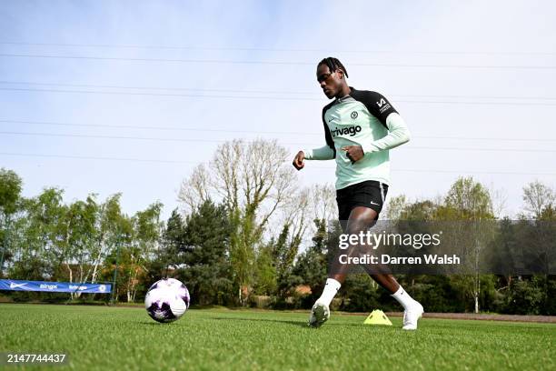 Trevoh Chalobah of Chelsea during a training session at Chelsea Training Ground on April 12, 2024 in Cobham, England.