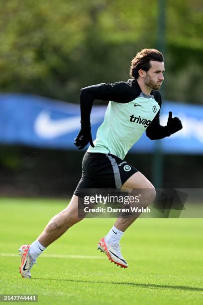 Ben Chilwell of Chelsea during a training session at Chelsea Training Ground on April 12, 2024 in Cobham, England.