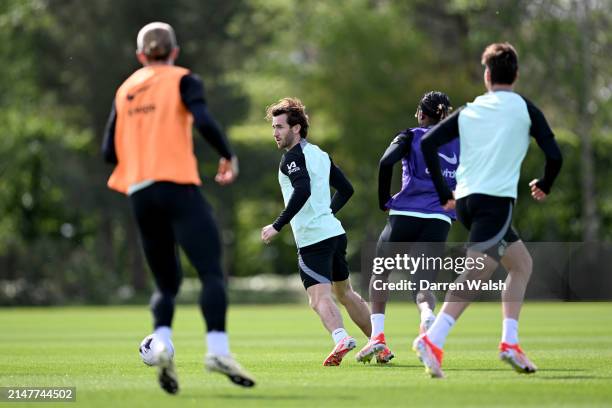 Ben Chilwell of Chelsea during a training session at Chelsea Training Ground on April 12, 2024 in Cobham, England.