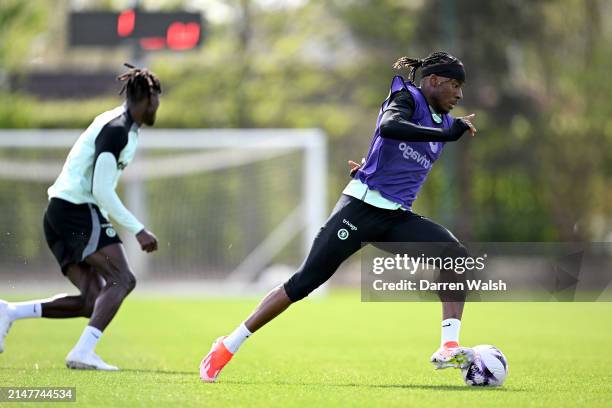 Noni Madueke of Chelsea during a training session at Chelsea Training Ground on April 12, 2024 in Cobham, England.