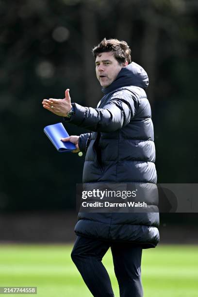 Head Coach Mauricio Pochettino of Chelsea during a training session at Chelsea Training Ground on April 12, 2024 in Cobham, England.