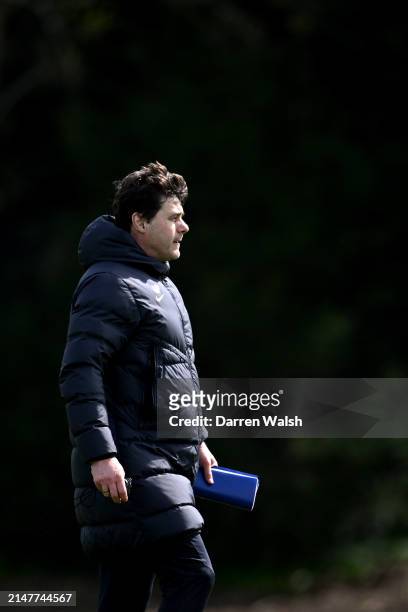 Head Coach Mauricio Pochettino of Chelsea during a training session at Chelsea Training Ground on April 12, 2024 in Cobham, England.