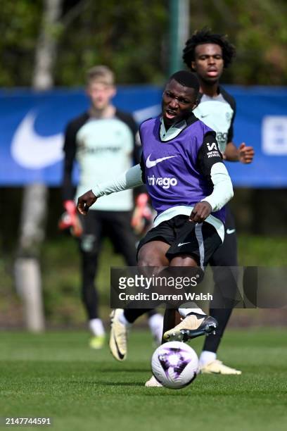 Moises Caicedo of Chelsea during a training session at Chelsea Training Ground on April 12, 2024 in Cobham, England.