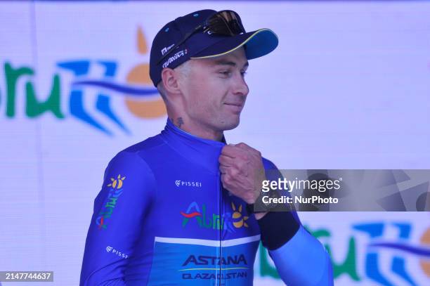 Alexey Lutsenko of Kazakhstan and Astana Qazaqstan Team on podium wearing Giro d'Abruzzo leader blue jersey during the 2024 Giro d'Abruzzo Stage 4, a...