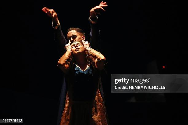 British-born Indian choreographer and dancer Aakash Odedra and Indian choreographer and dancer Aditi Mangaldas perform during a dress rehearsal for...