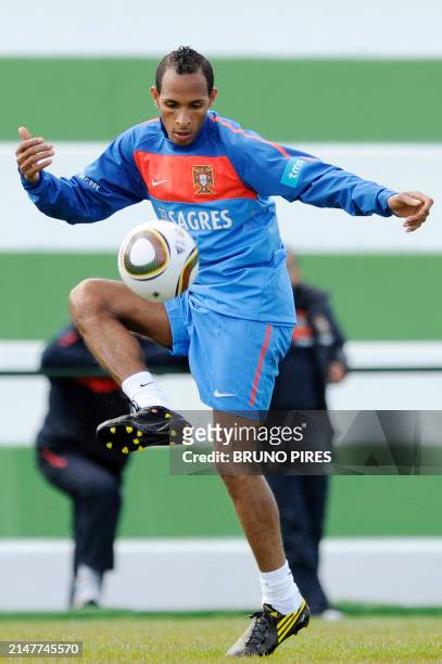 Portugal's forward Liedson Muniz plays with the ball during the team's second training session at Santos Pinto Stadium in Covilha, central Portugal,...