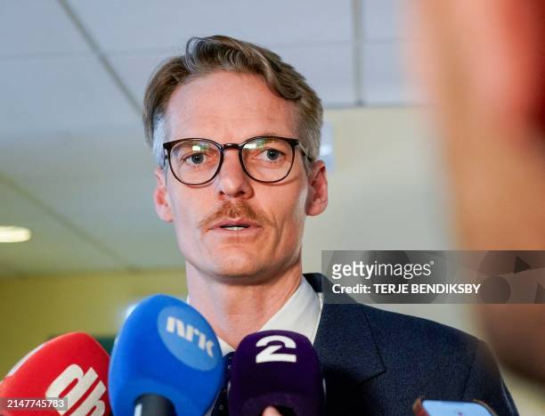 Mikkel Toft Gimse, defence attorney for former IBU president Anders Besseberg, speaks to the press after the sentencing in the Besseberg case, at the...