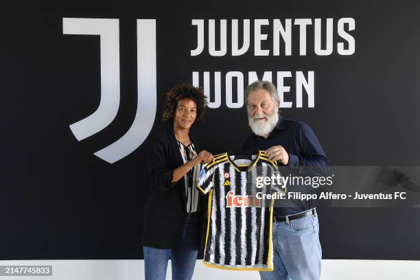 Sara Gama and Stefano Braghin pose at Juventus Center Vinovo on April 12, 2024 in Vinovo, Italy.