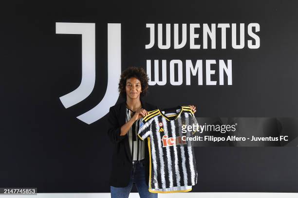 Sara Gama poses at Juventus Center Vinovo on April 12, 2024 in Vinovo, Italy.