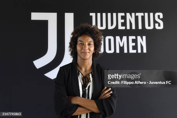 Sara Gama poses at Juventus Center Vinovo on April 12, 2024 in Vinovo, Italy.