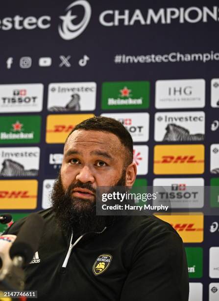 Dublin , Ireland - 12 April 2024; Uini Atonio during the La Rochelle media conference at the Aviva Stadium in Dublin.