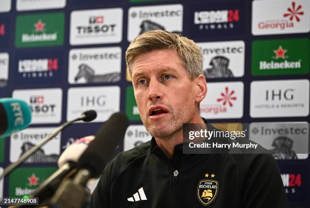 Dublin , Ireland - 12 April 2024; La Rochelle head coach Ronan O'Gara during the La Rochelle media conference at the Aviva Stadium in Dublin.