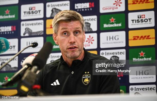 Dublin , Ireland - 12 April 2024; La Rochelle head coach Ronan O'Gara during the La Rochelle media conference at the Aviva Stadium in Dublin.