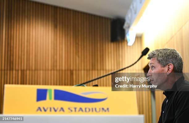 Dublin , Ireland - 12 April 2024; La Rochelle head coach Ronan O'Gara during the La Rochelle media conference at the Aviva Stadium in Dublin.