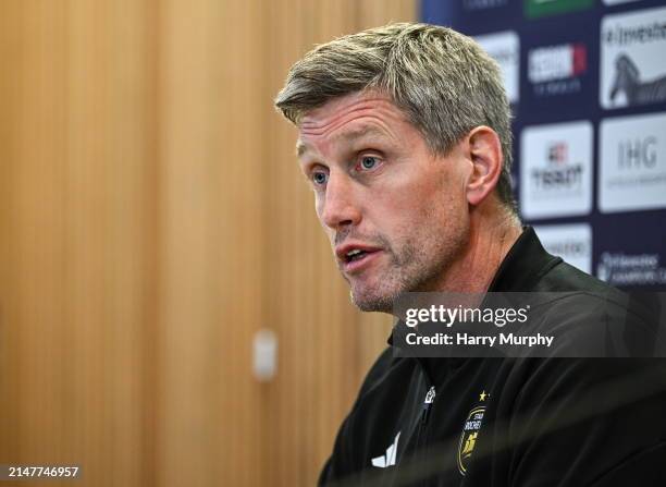 Dublin , Ireland - 12 April 2024; La Rochelle head coach Ronan O'Gara during the La Rochelle media conference at the Aviva Stadium in Dublin.