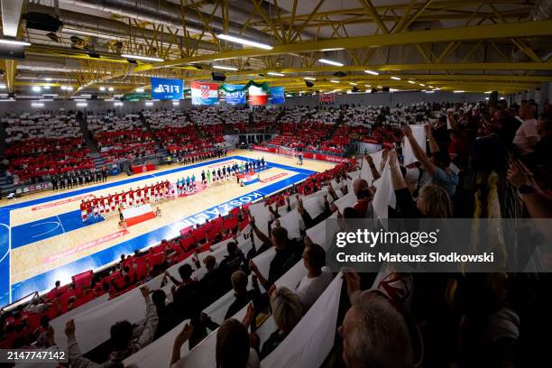 General view of the venue during the anthems during the FIFA World Cup 2024 Play Off match between Poland and Croatia on April 12, 2024 in Koszalin,...