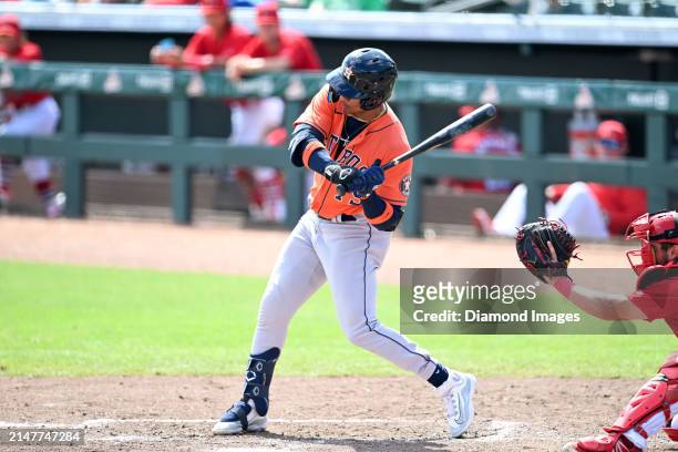 Kenni Gomez of the Houston Astros bats during the sixth inning of a spring training Spring Breakout game against the St. Louis Cardinals at Roger...