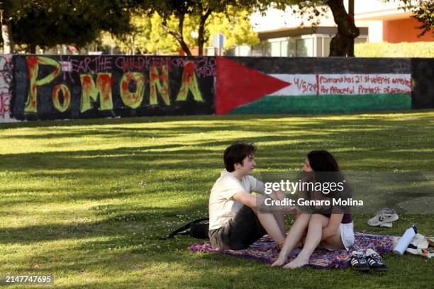 Pomona students Morgan Sydor, left, and Rebecca Allen converse in front of the "free speech wall" that features a Palestinian flag at Walker Beach on...