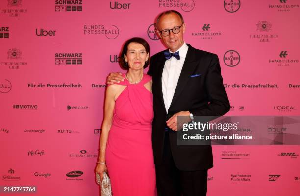 April 2024, Berlin: Friedrich Merz, Federal Chairman of the CDU, and his wife Charlotte Merz attend the 71st Federal Press Ball. The ball is...