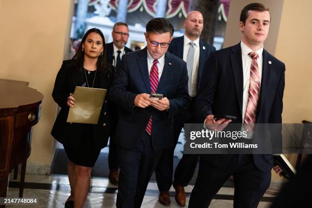 Speaker of the House Mike Johnson, R-La., is seen in the U.S. Capitol before the House reauthorized Section 702 of the Foreign Intelligence...