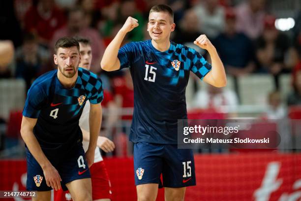 David Mataja of Croatia celebrates after scoring during the FIFA World Cup 2024 Play Off match between Poland and Croatia on April 12, 2024 in...