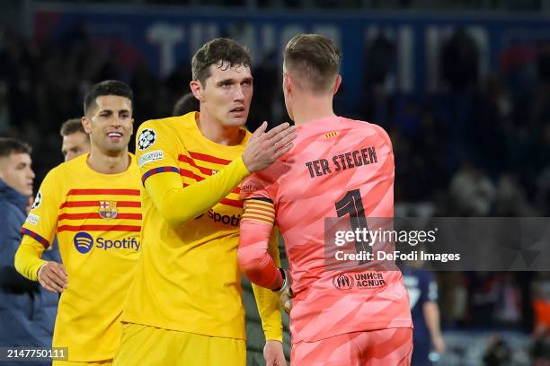 Andreas Christensen of FC Barcelona and Goalkeeper Marc-Andre ter Stegen of FC Barcelona cheer during the UEFA Champions League quarter-final first...