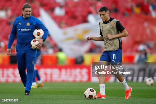 Amine Harit of Olympique Marseille warms up prior to the UEFA Europa League 2023/24 Quarter-Final first leg match between SL Benfica and Olympique...