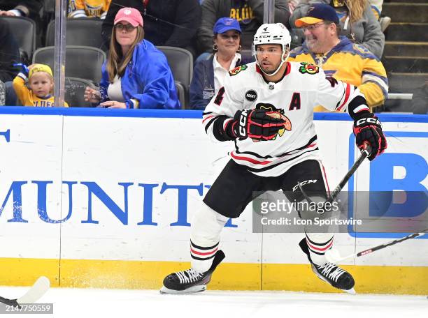 Chicago Blackhawks defenseman Seth jones as seen during a NHL game on April 10 between the Chicago Blackhawks and the St. Louis Blues in Enterprise...
