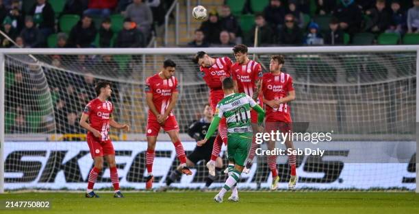 Dublin , Ireland - 12 April 2024; Graham Burke of Shamrock Rovers sees his freekick blocked by Sligo Rovers players in the wall during the SSE...