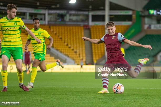 Callum Marshall of West Ham United is taking a shot during the Premier League 2 match between Norwich City and West Ham United at Carrow Road in...