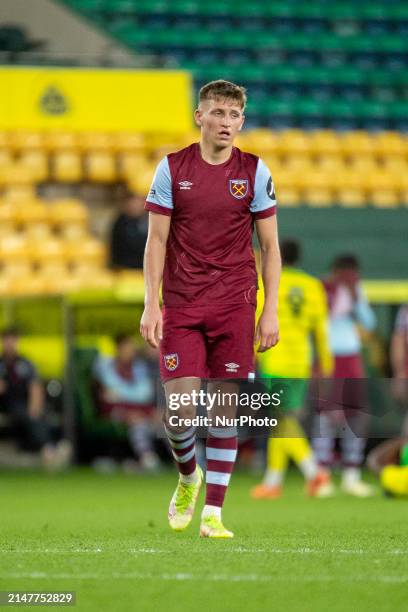 Callum Marshall of West Ham United is playing during the Premier League 2 match between Norwich City and West Ham United at Carrow Road in Norwich,...