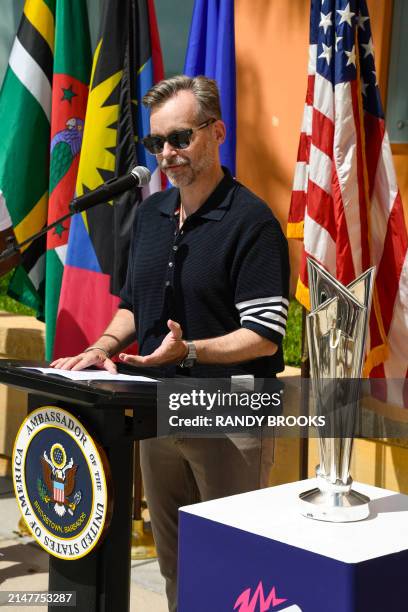 Ambassador to Barbados and the Eastern Caribbean Roger Nyhus speaks during the trophy tour for the ICC Men's T20 World Cup 2024 at the US Embassy in...