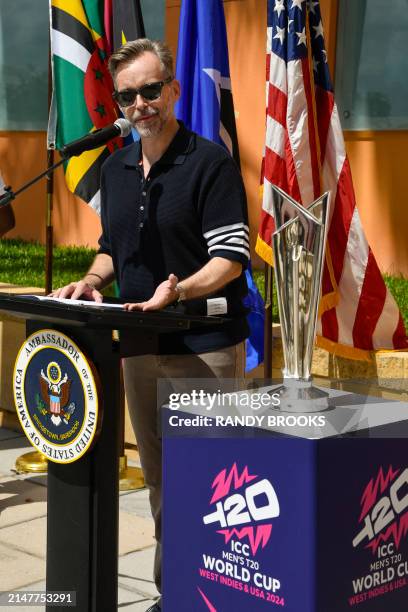 Ambassador to Barbados and the Eastern Caribbean Roger Nyhus speaks during the trophy tour for the ICC Men's T20 World Cup 2024 at the US Embassy in...