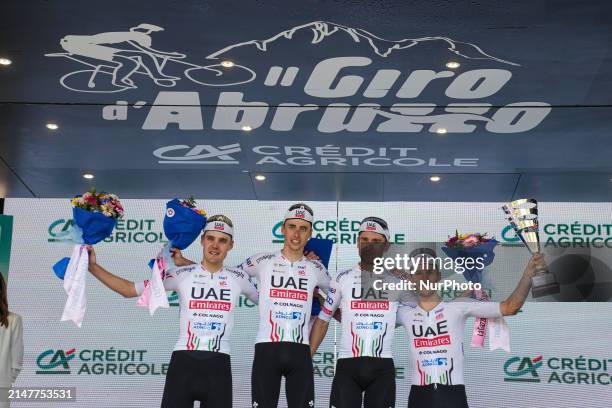 From the left, Pavel Sivakov of France, Jan Christen of Switzerland, Diego Ulissi of Italy, and Adam Yates of Great Britain from UAE Team Emirates...