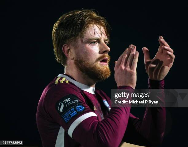 Waterford , Ireland - 12 April 2024; Aodh Dervin of Galway United applauds the supporters after during the SSE Airtricity Men's Premier Division...