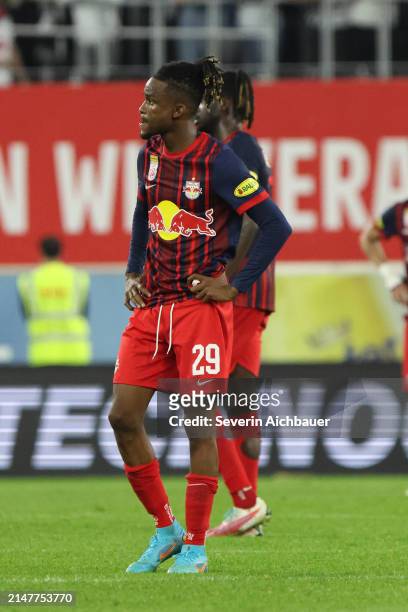 Daouda Guindo of Salzburg during the Admiral Bundesliga match between LASK and FC Red Bull Salzburg at Raiffeisen Arena on April 12, 2024 in Linz,...