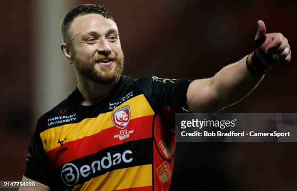 Gloucester's Ruan Ackermann is all smiles after the game during the EPCR Challenge Cup Quarter Final match between Gloucester Rugby and Ospreys at...