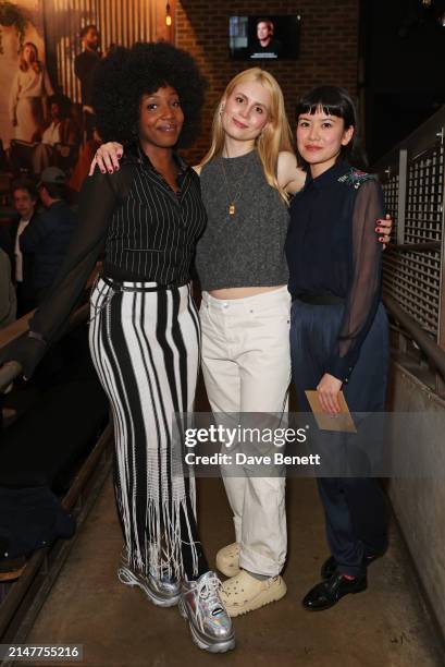 Tamara Lawrance, Yolanda Kettle and Katie Leung attend the press night after party for "The Comeuppance" at The Almeida Theatre on April 12, 2024 in...