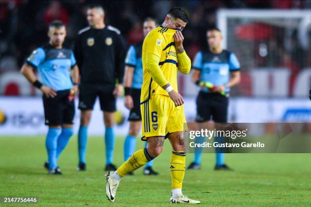 Marcos Rojo of Boca Juniors reacts after missing a round 11th match between Estudiantes de La Plata and Boca Juniors as part of Copa de la Liga...