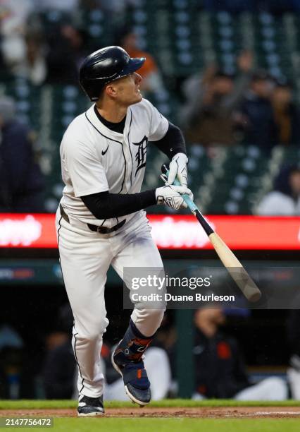 Mark Canha of the Detroit Tigers watches his solo home run against the Minnesota Twins during the first inning at Comerica Park on April 12, 2024 in...