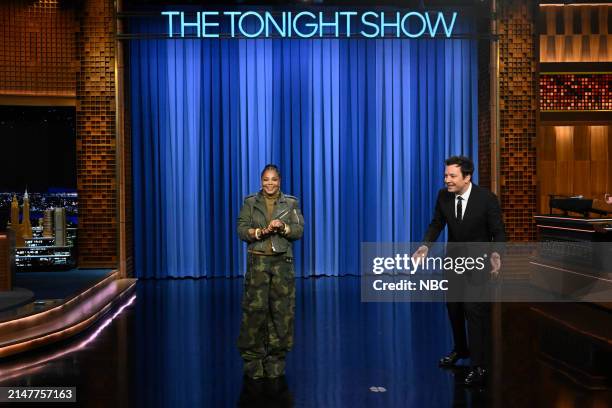 Episode 1961 -- Pictured: Singer Janet Jackson interrupts the monologue with host Jimmy Fallon on Friday, April 12, 2024 --