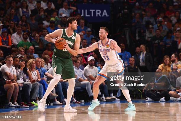 Danilo Gallinari of the Milwaukee Bucks handles the ball during the game against the Oklahoma City Thunder on April 12, 2024 at Paycom Arena in...