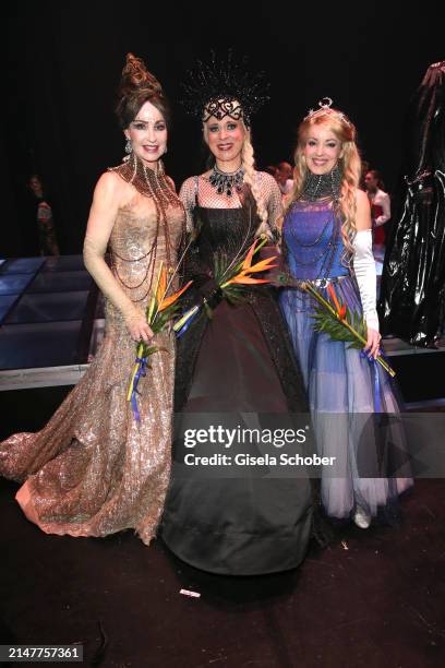 Singer Anna Maria Kaufmann, Katja Berg and Misha Kovar attend the "Zauberflöte" Musical Premiere at Deutsches Theater on April 12, 2024 in Munich,...