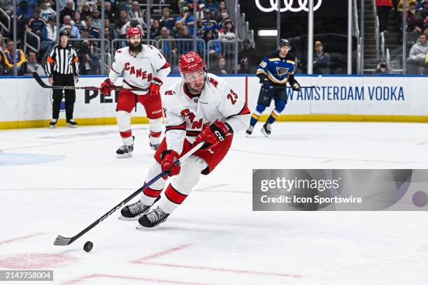 April 12: Carolina Hurricanes right wing Stefan Noesen turns with the puck in his own zone during a regular season game between the Carolina...